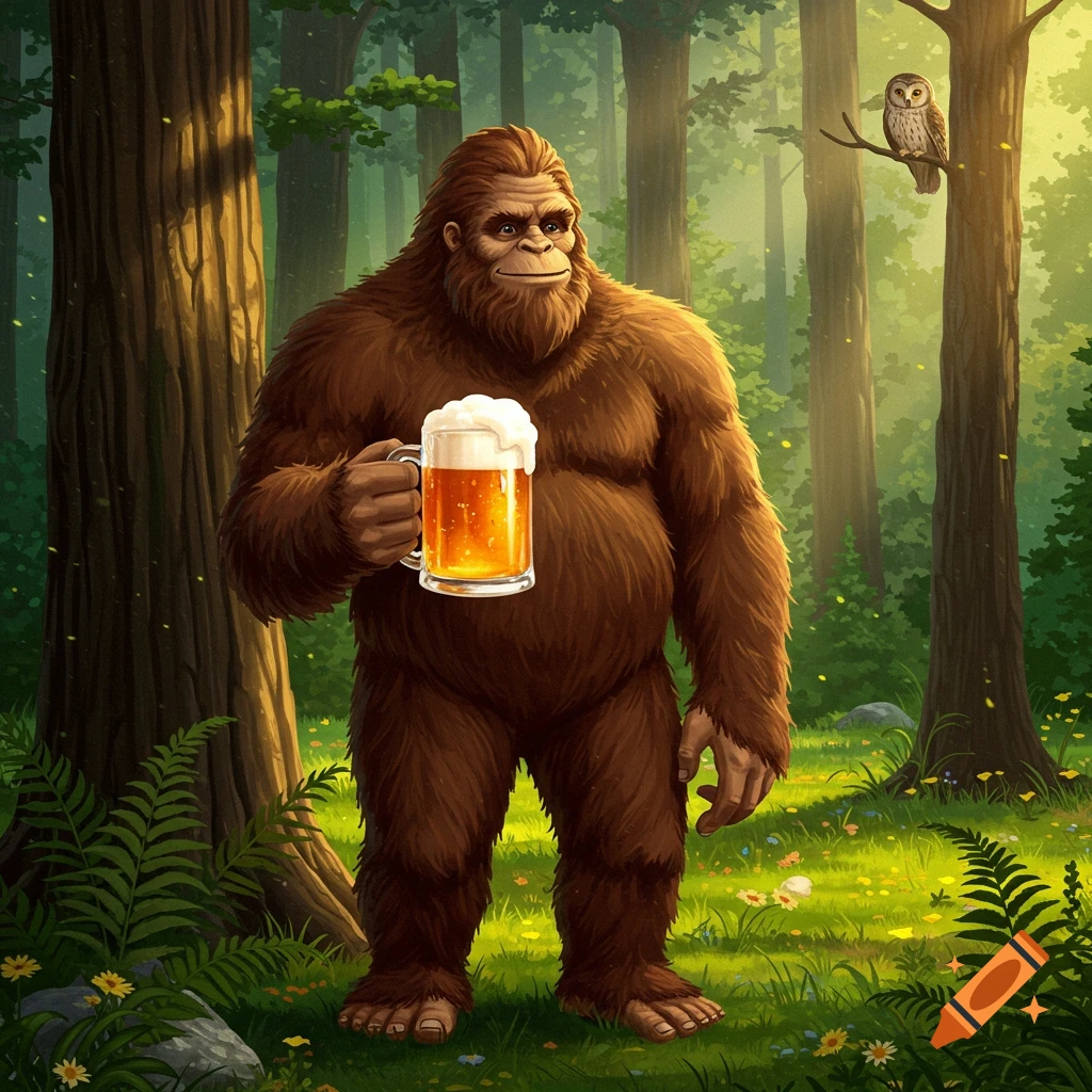 A brown furry Bigfoot standing in a sunlit forest, holding up a frothy mug of beer. An owl perches on a branch in the background.