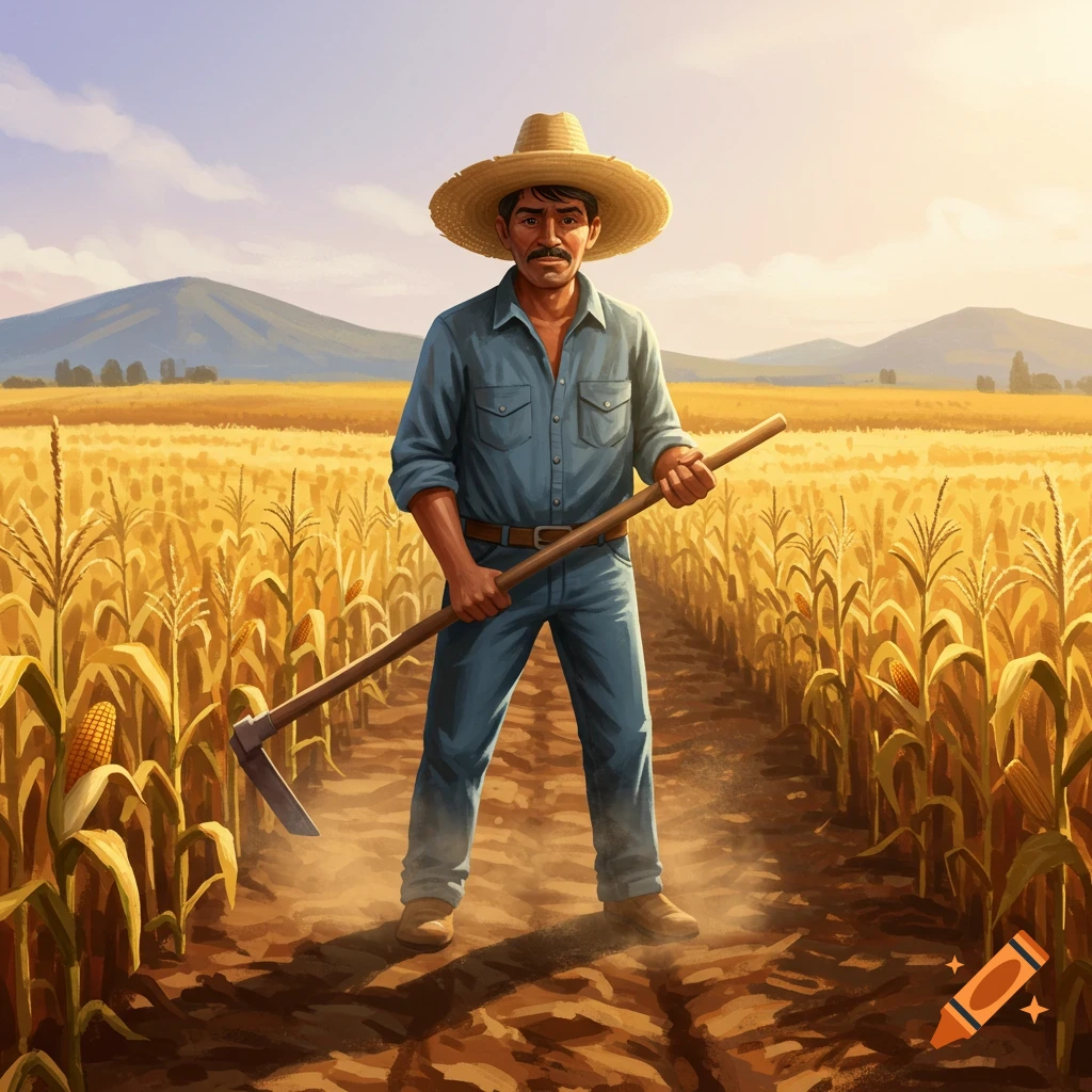 A man in a straw hat and blue shirt stands with a hoe in a golden cornfield at sunset.