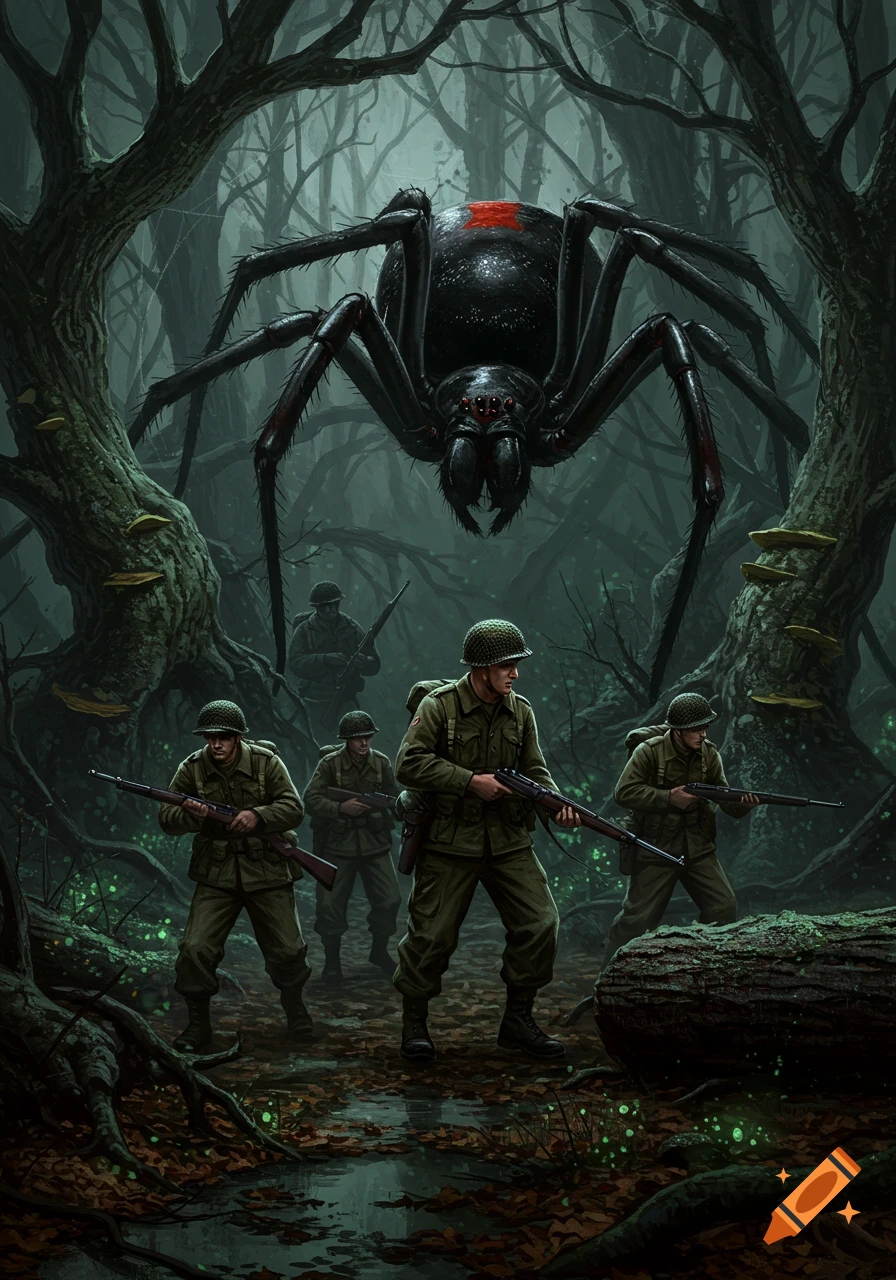 WW2 soldiers with rifles stalk a giant black widow spider in a dark, eerie forest.