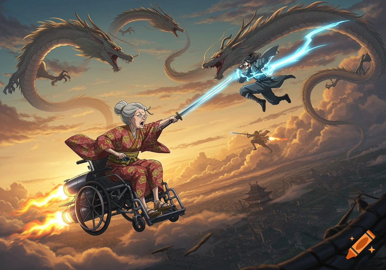 Anime style action scene of a grandma on a rocket-powered wheelchair fighting dragons with a sword, alongside other warriors in the sky.