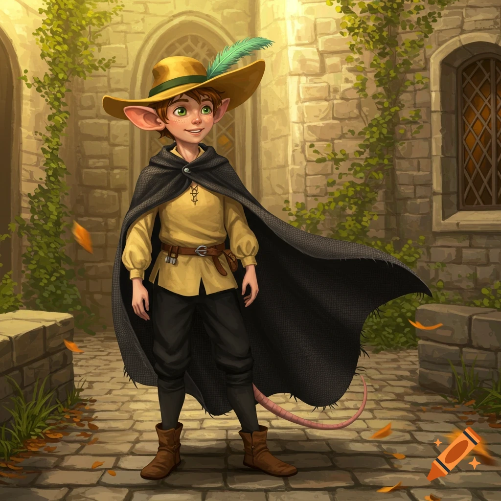 A young fantasy character with rat ears and a tail, wearing a yellow tunic, black cape, and feathered hat, stands on a cobblestone path.