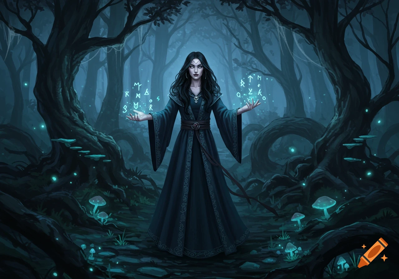 A dark fantasy illustration of a witch with long black hair and a dark robe, standing in a moonlit forest, casting a spell with glowing runes floating around her hands.