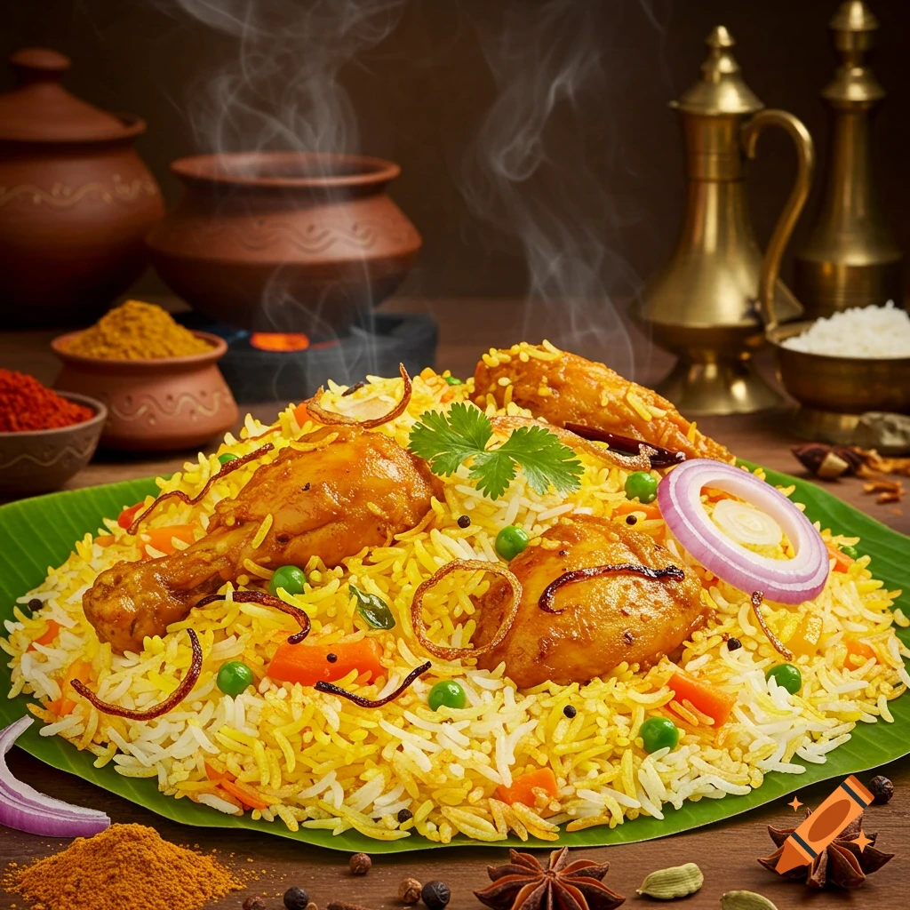 Steaming chicken biryani served on a banana leaf, garnished with onions, peas, carrots, and cilantro, with traditional pots and spices in background.