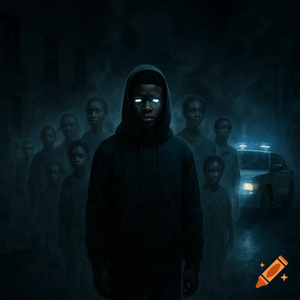 A young Black boy in a dark hoodie with glowing eyes stands amidst ghostly, semi-transparent figures on a dark urban street with a police car.