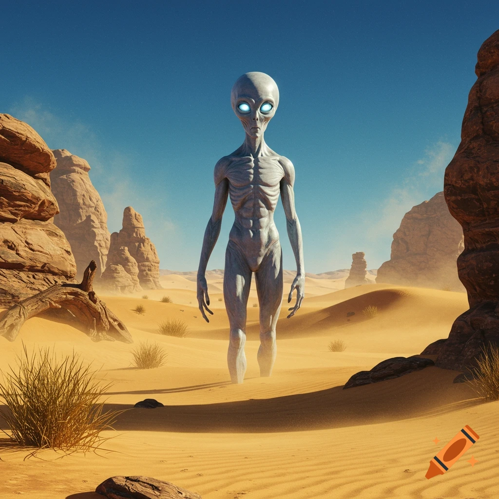 A grey alien with large, glowing blue eyes stands in a vast, sunny desert landscape with rock formations.