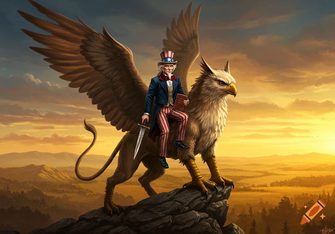 Uncle Sam riding a griffin on a mountain peak at sunset, holding a book and a dagger in this digital painting.