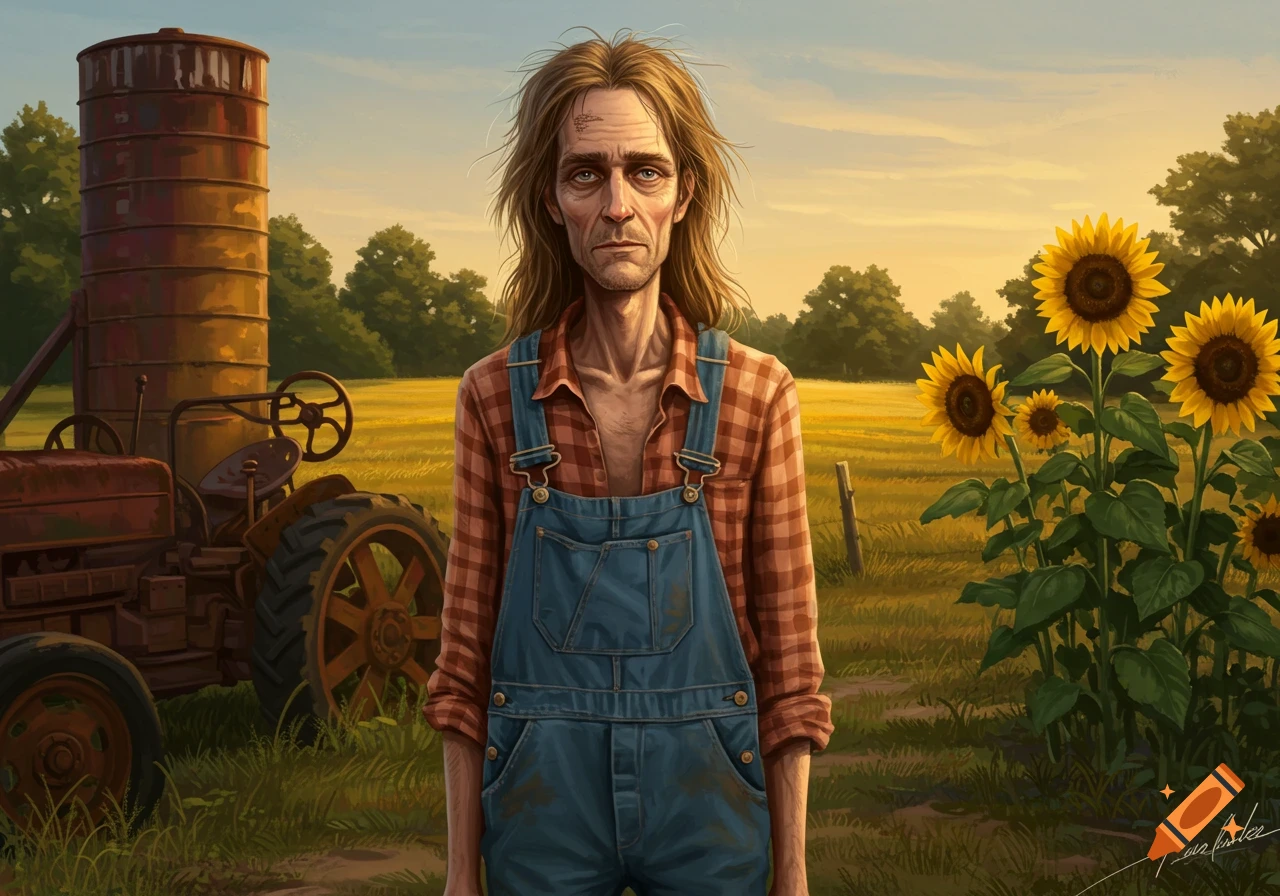 A gaunt farmer with long hair and overalls stands in a sunflower field with a tractor at sunset.