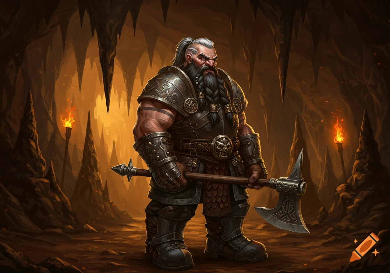 A muscular fantasy dwarf warrior with a braided beard and gray ponytail, wearing detailed armor and holding a large axe in a torch-lit cave.