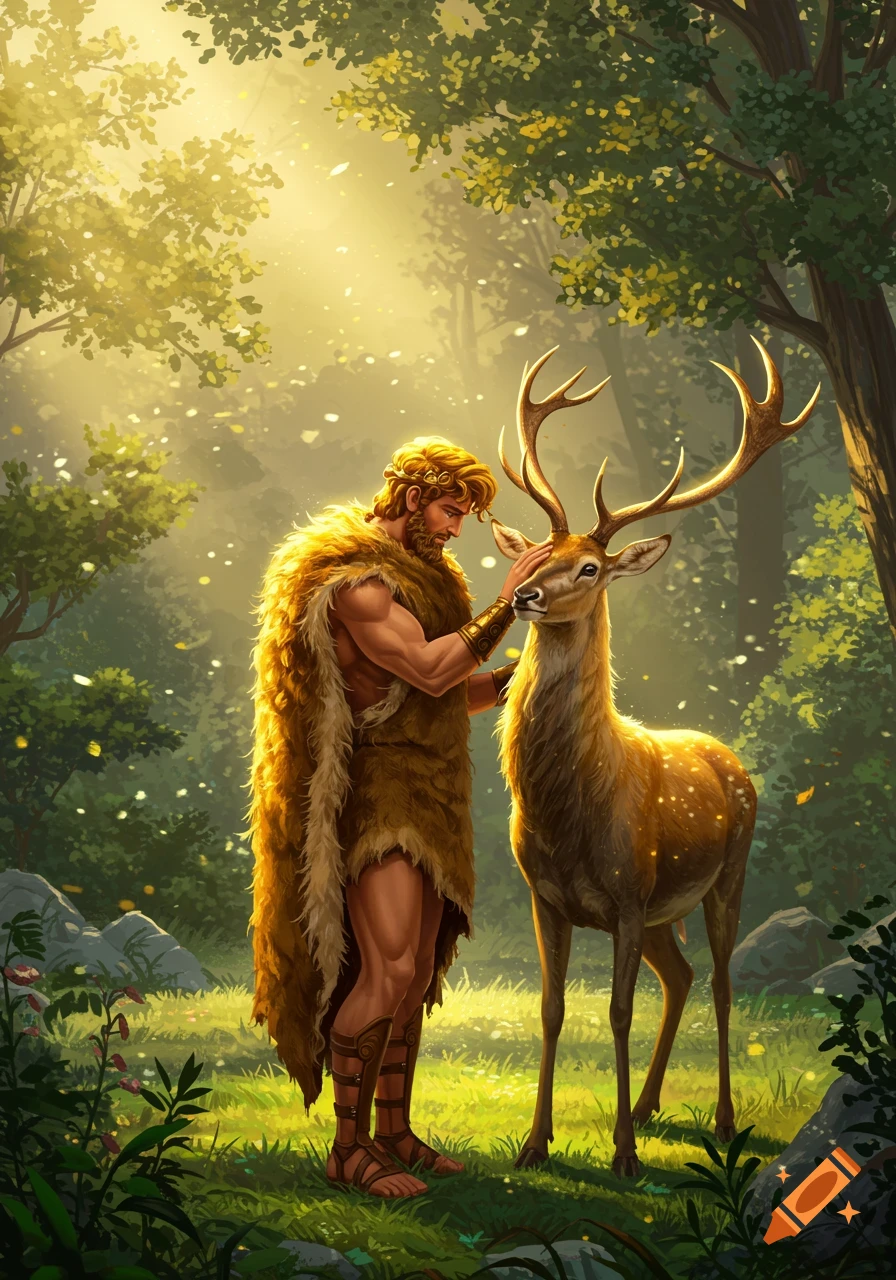 Heracles, wearing a fur cloak, gently pats the head of a golden deer with large antlers in a sunlit forest, fantasy art style.