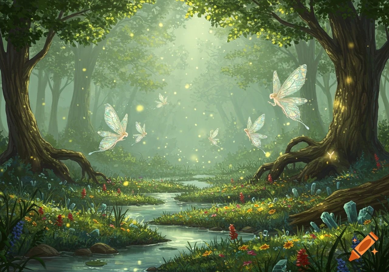 A magical forest scene with glowing light, ethereal fairies, a winding stream, and lush green foliage with colorful flowers and crystals.