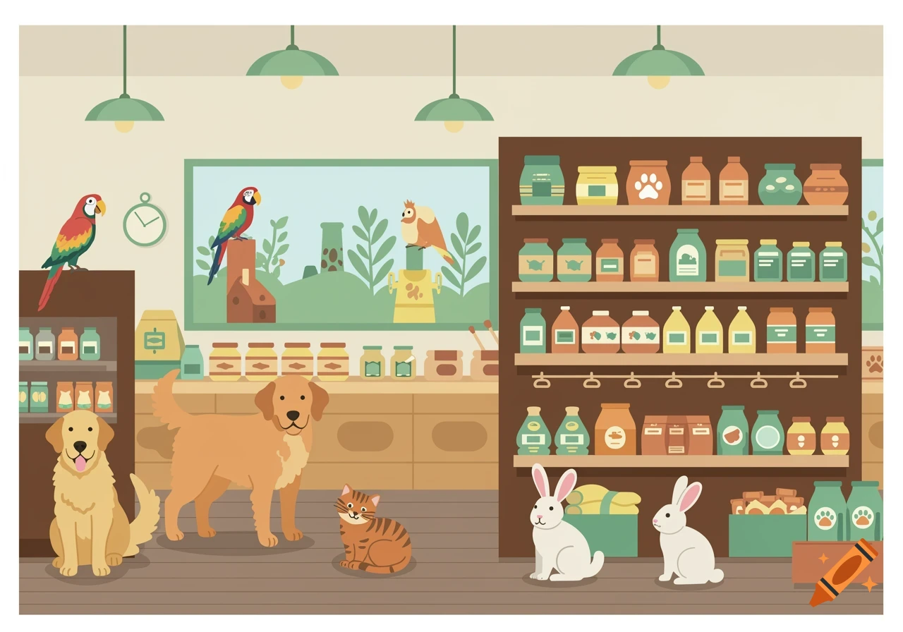 A colorful flat design illustration of a pet store interior with dogs, a cat, parrots, and rabbits, surrounded by shelves of pet food and supplies.