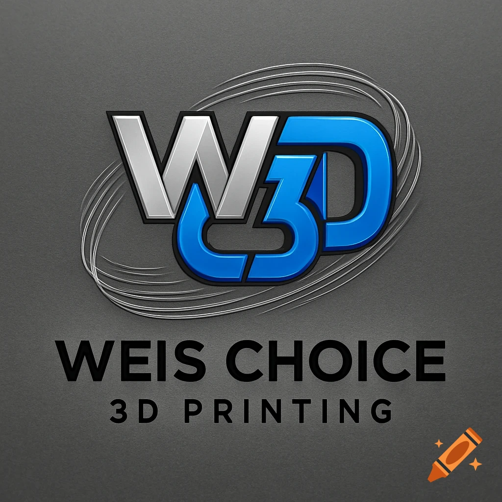 A sleek silver and blue W3D logo with swirling lines, above the text 'WEIS CHOICE 3D PRINTING' on a dark background.