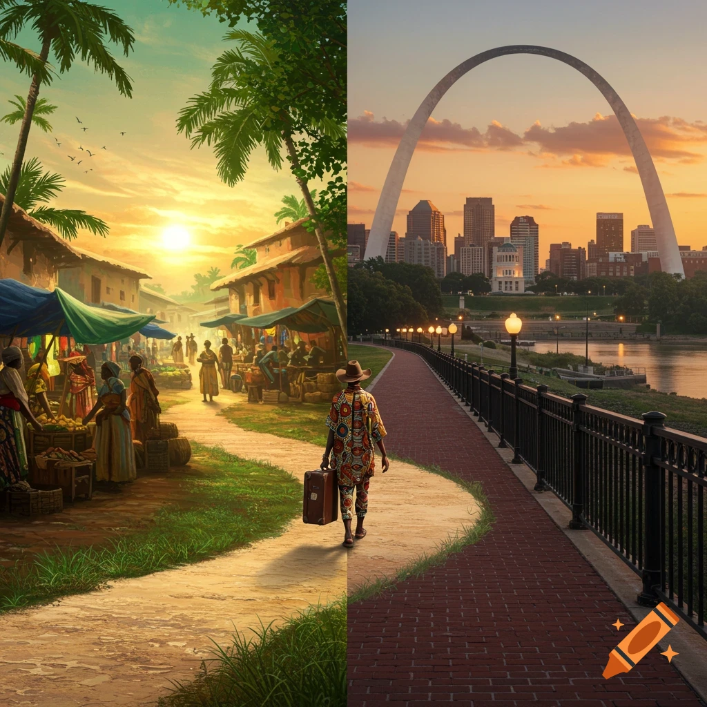 Split image showing a vibrant market scene transitioning to a path leading to the St. Louis Gateway Arch at sunset.