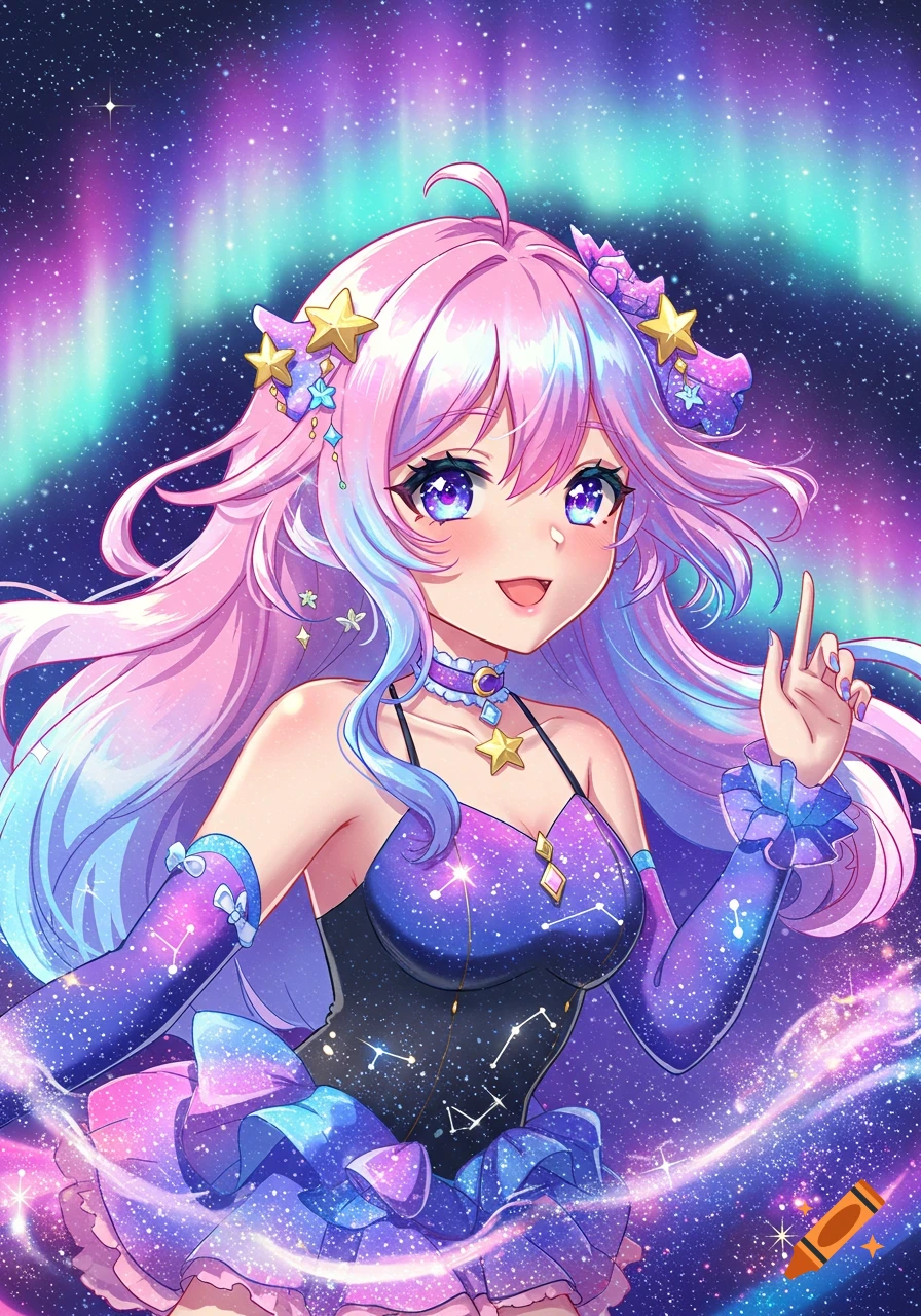 Anime girl with pink and blue hair and a starry dress smiles, pointing up against a starry sky with aurora.