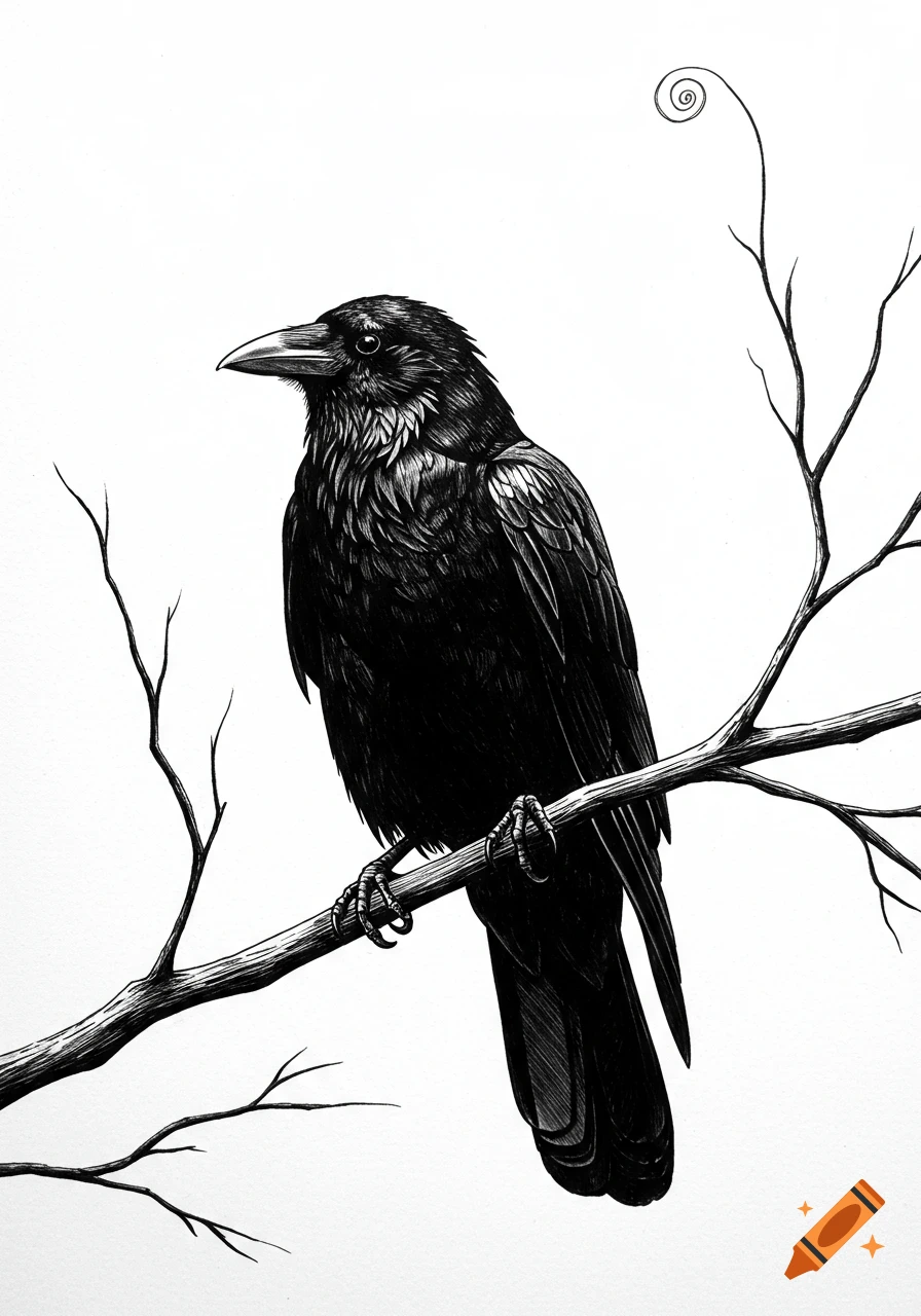 Black and white drawing of a crow perched on a bare tree branch.