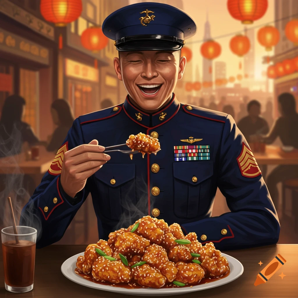 A man in a Marine uniform laughs while eating sesame chicken with chopsticks in a Chinese restaurant.
