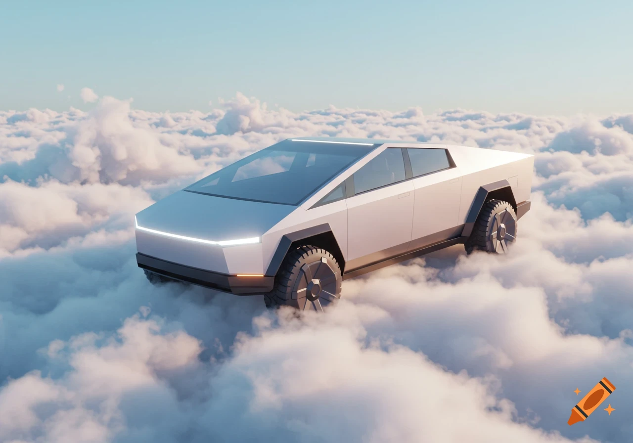 A Tesla Cybertruck floating gracefully above a sea of fluffy white clouds under a bright sky.