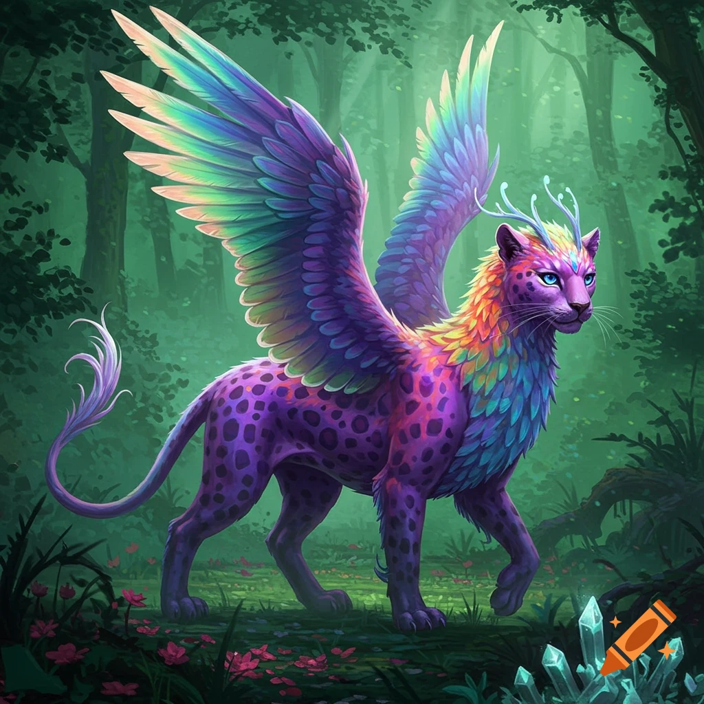 A vibrant, rainbow-colored winged feline creature with small antlers stands in a lush green forest, with glowing crystals.