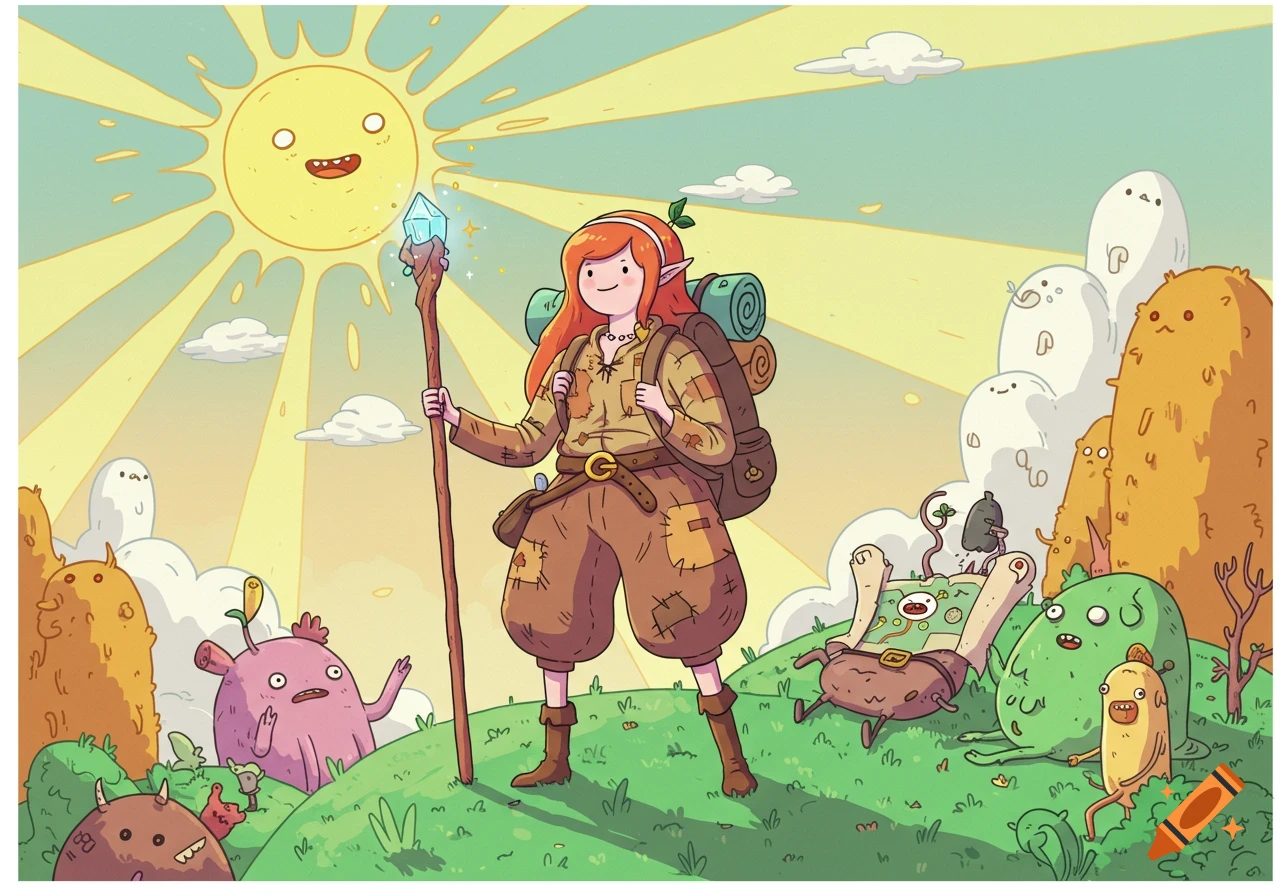 A red-haired fantasy adventurer with a staff and backpack stands on a hill surrounded by whimsical creatures and a smiling sun, in the style of Adventure Time.