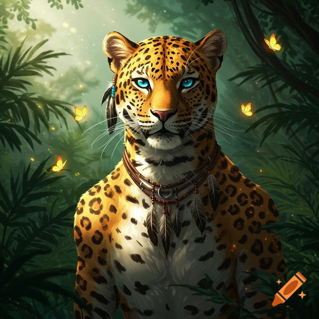 A stylized anthropomorphic leopard with blue eyes and tribal beads in a lush jungle with glowing butterflies.