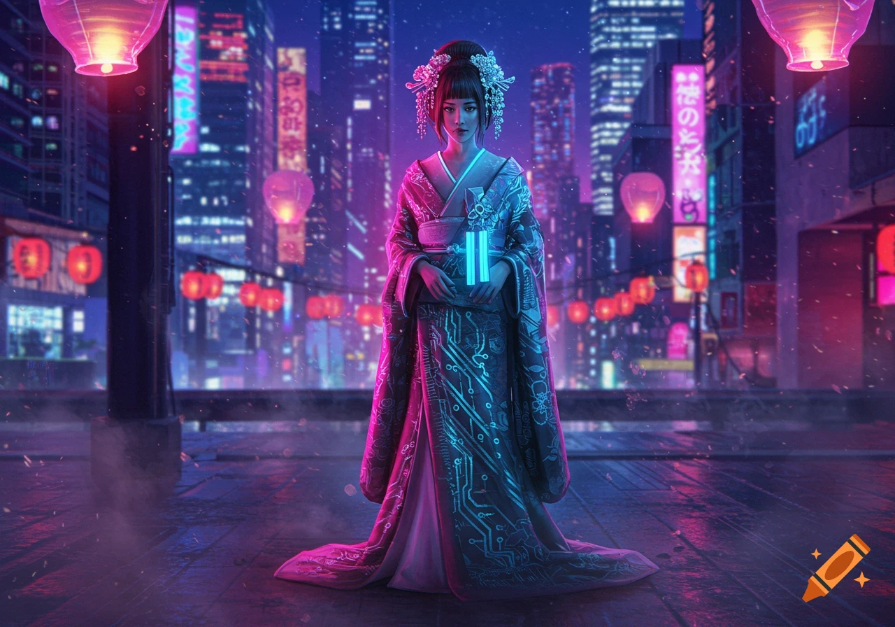 A woman in a glowing circuit-patterned kimono stands in a neon-lit cyberpunk city at night.