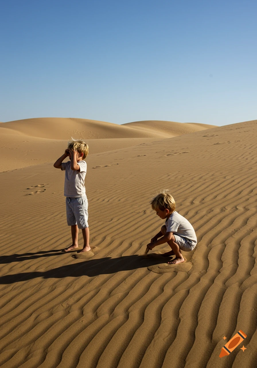 Two boys playing in a vast sandy desert under a clear blue sky.