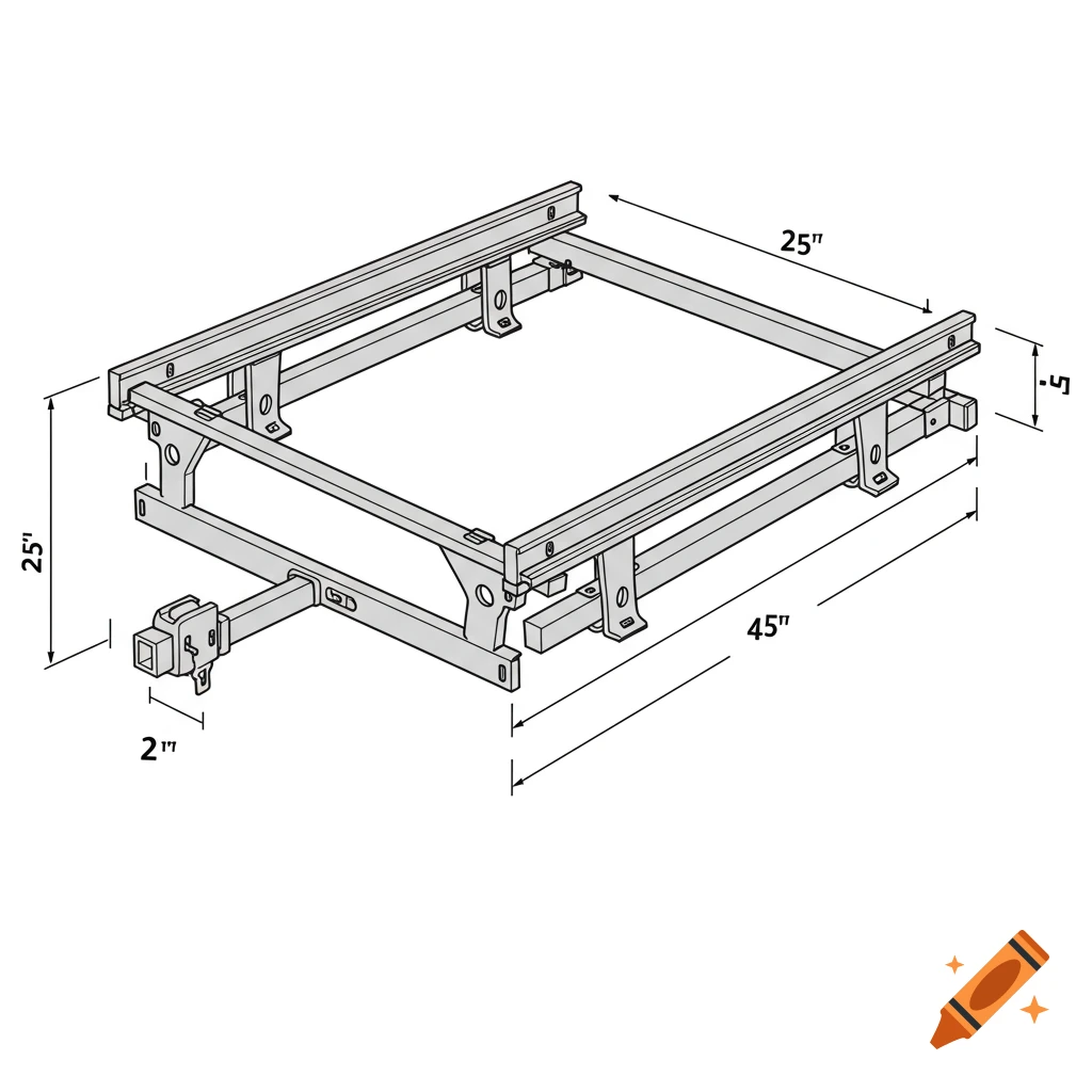 2D technical drawing of a trailer hitch cargo rack with dimensions 25", 45", 2", and -.5" labeled.