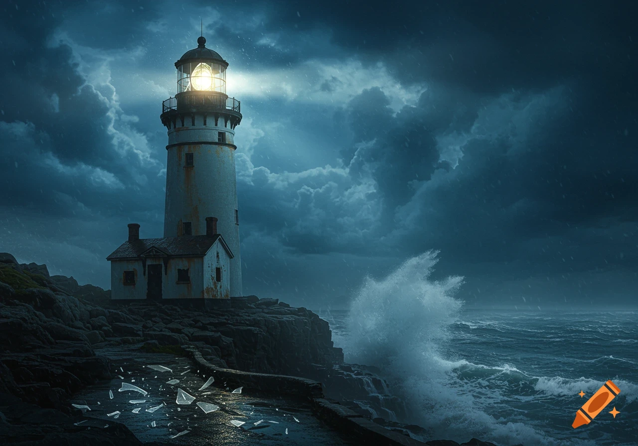 A lighthouse and a small house on a rocky coast at night during a stormy sea, with broken glass on the path.
