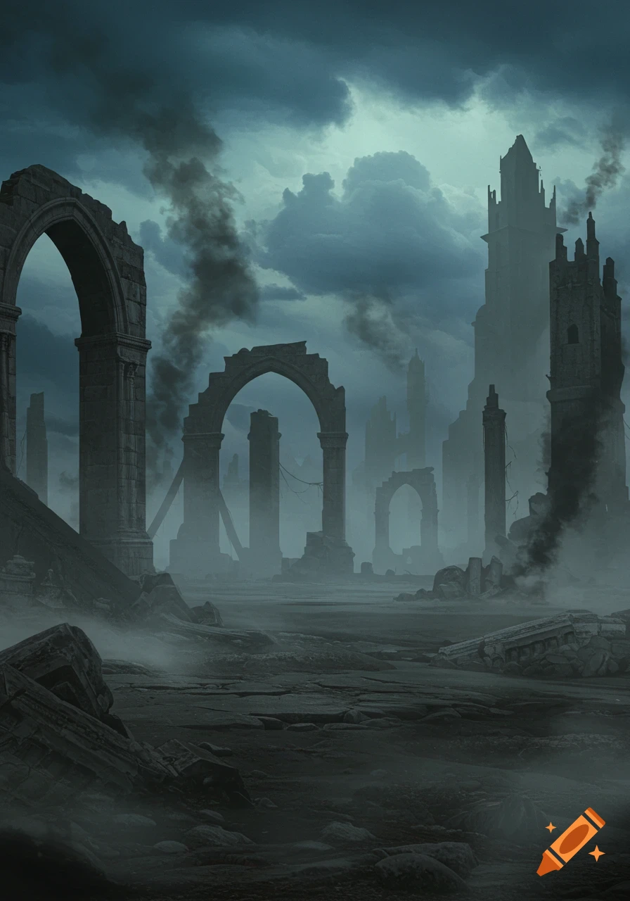 Desolate, foggy landscape with crumbling ancient ruins and smoke under a dark, cloudy sky.
