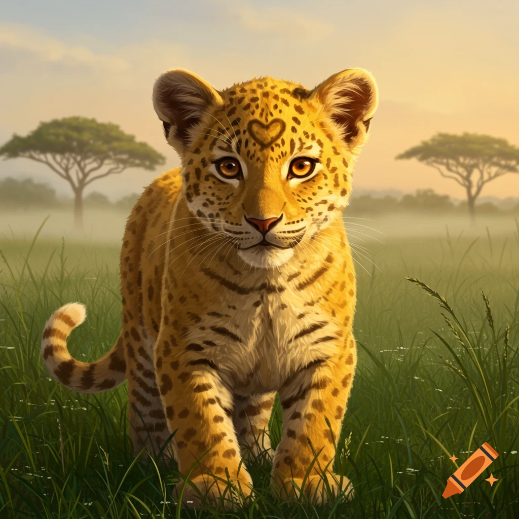 A cute leopard cub with a heart-shaped spot on its forehead stands in a grassy savanna at sunset.