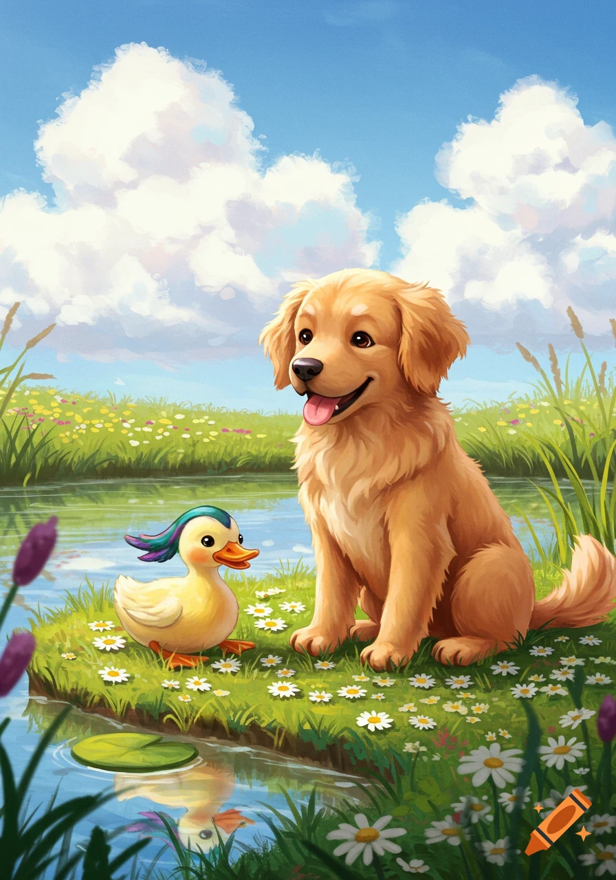 A cute golden retriever and a duck sitting on a grassy bank by a pond with white flowers under a blue sky.