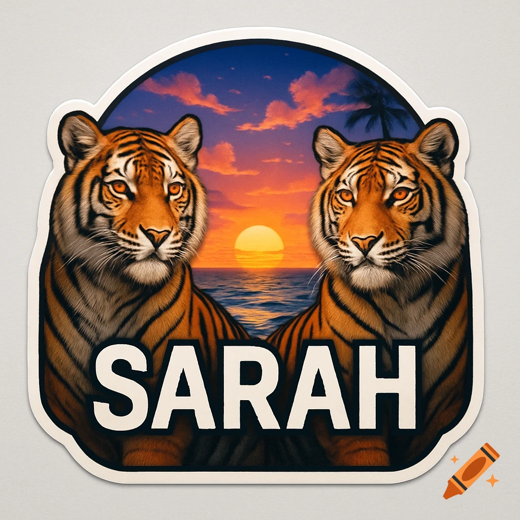 A sticker featuring two tigers against a sunset over water, with the name 'SARAH' in bold white text.