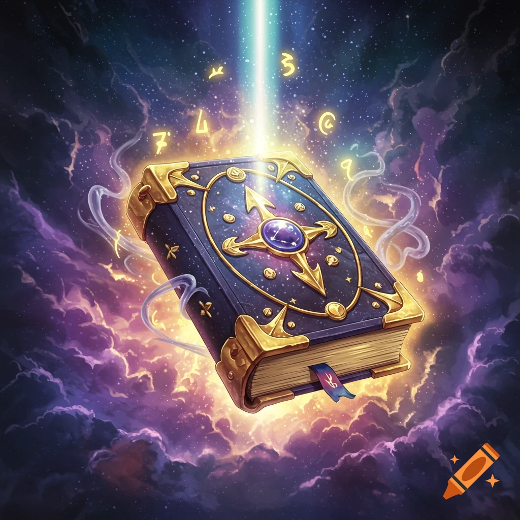 A detailed, dark blue and gold magic spell book with a glowing gem floats amidst purple and orange cosmic clouds and a light beam.