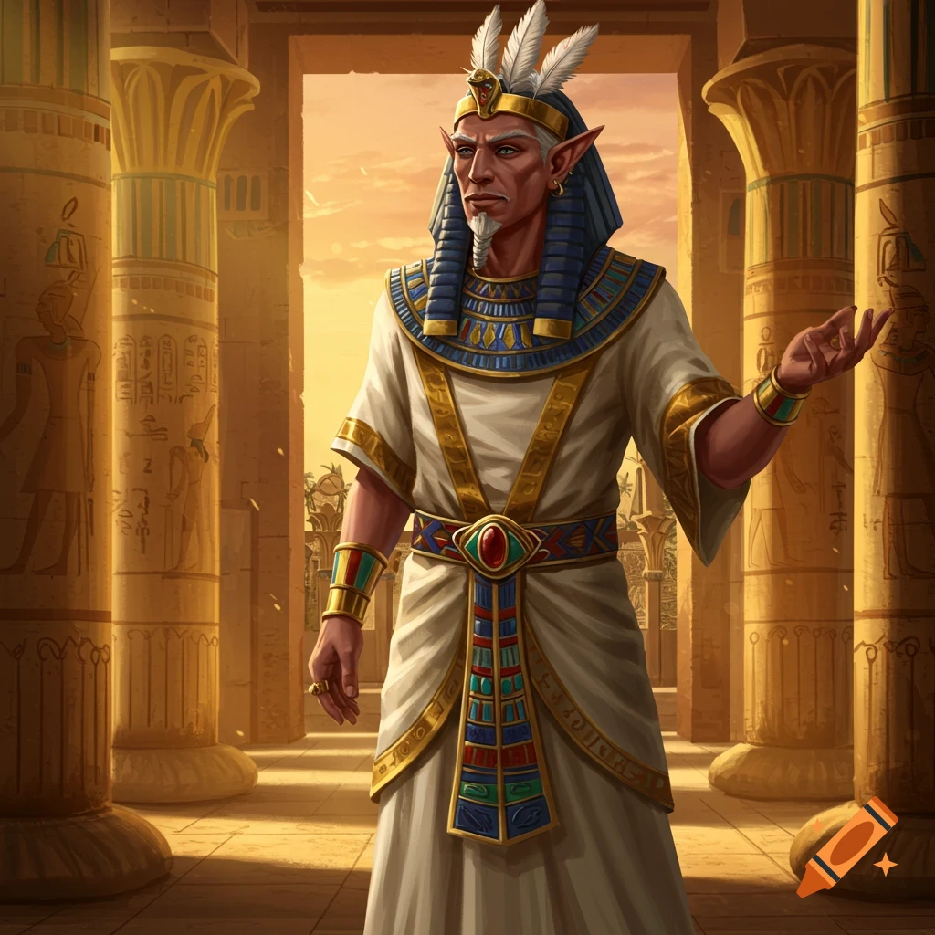 A middle-aged half-elf man in elaborate ancient Egyptian pharaoh-like attire stands among golden pillars with hieroglyphs, at sunset.