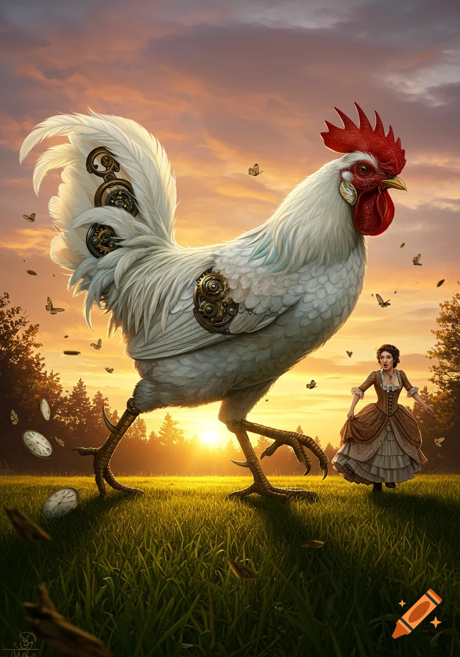 A giant white steampunk rooster with gears and clockwork chases a woman in a brown dress through a sunny field with floating clocks.