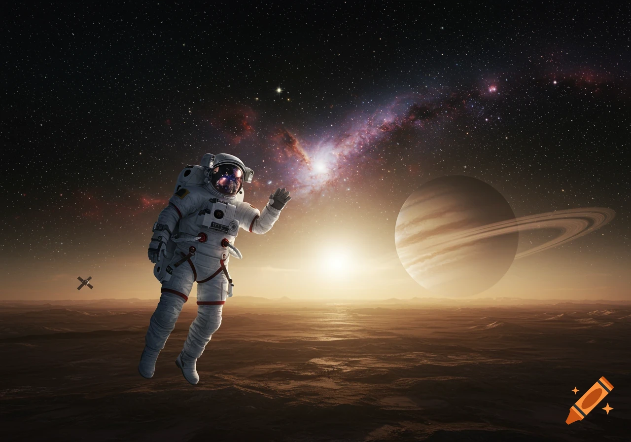 Photorealistic image of an astronaut floating above a planet, waving, with a ringed planet and galaxy in the background.