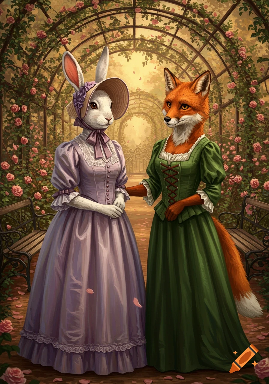 A detailed illustration of a rabbit woman in a purple dress and a fox woman in a green dress standing in a rose garden archway.