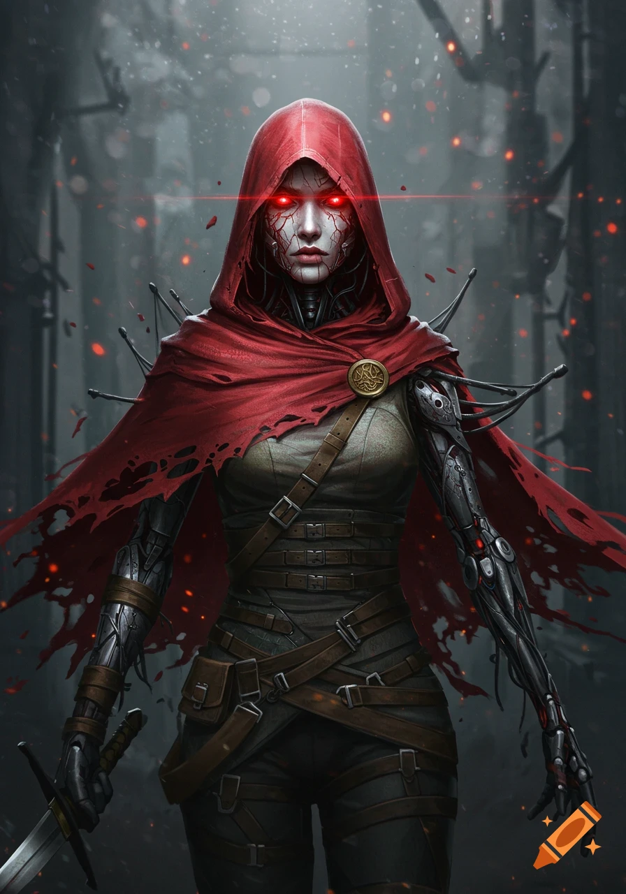 A fierce cyborg swordswoman in a tattered red hood and cape, with glowing red eyes and a cracked face, standing in a dark, misty setting with embers.