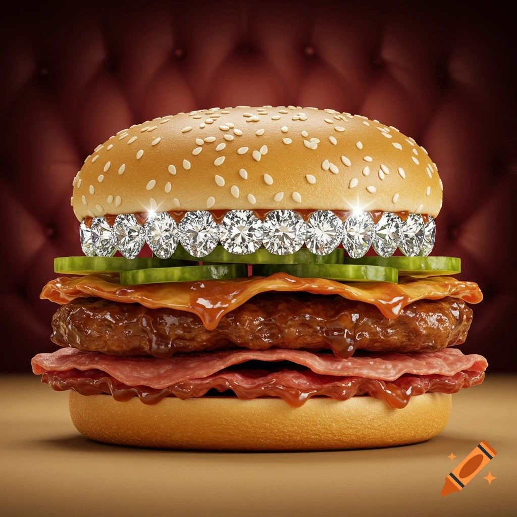 A photorealistic burger features a band of sparkling diamonds around its patty, topped with pickles and sesame seeds, with sauce and bacon below.