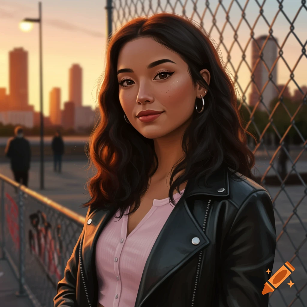 Digital art portrait of a young woman with dark wavy hair and a black leather jacket, smiling softly in front of a chain-link fence with a blurry city skyline at sunset.