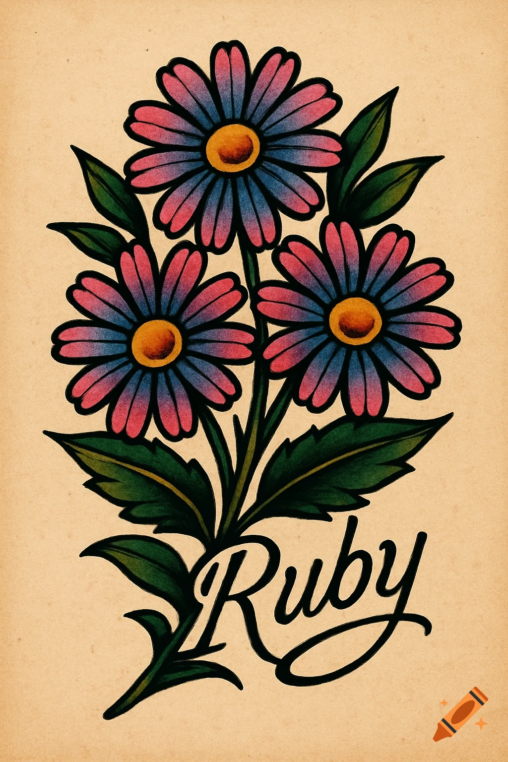 Old school tattoo design of three pink and blue daisies with green leaves and the name 'Ruby' in script, on a textured tan background.