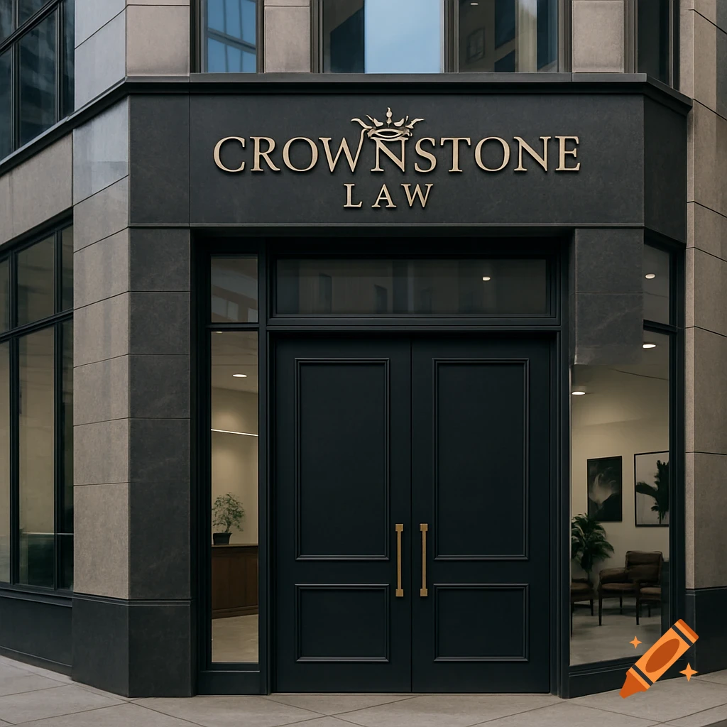 Exterior view of a modern glass-and-stone building with 'CROWNSTONE LAW' above tall black double doors.