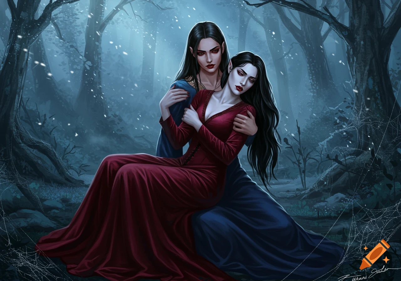 Two pale-skinned women with pointed ears, one cradling the other, in a dark, snowy forest in a fantasy art style.