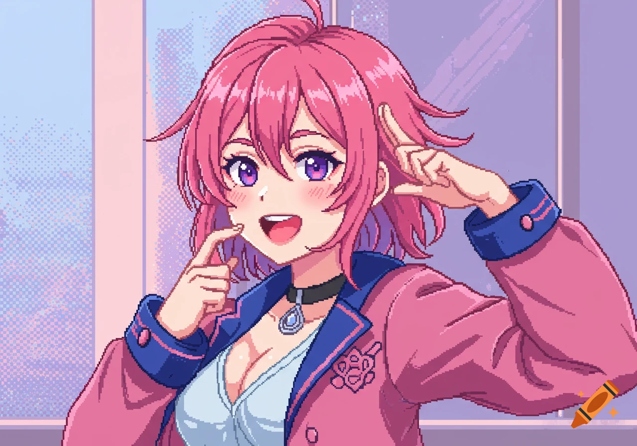 Pixel art of an anime girl with pink hair in a pink jacket, smiling and posing.