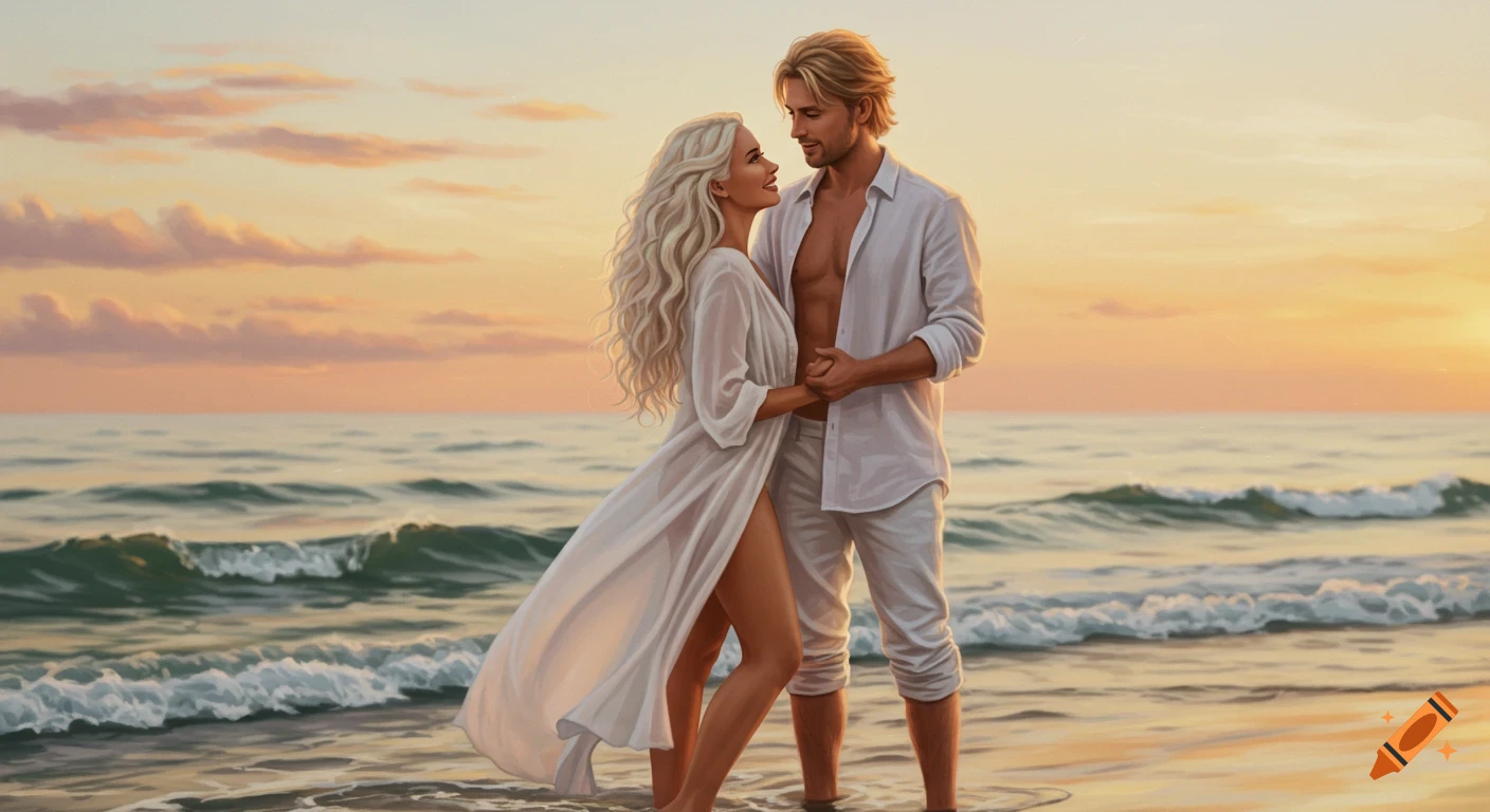 A dreamy illustration of a romantic couple on a beach at sunset, with the woman in a sheer white dress and the man in a white shirt, holding hands in the water.