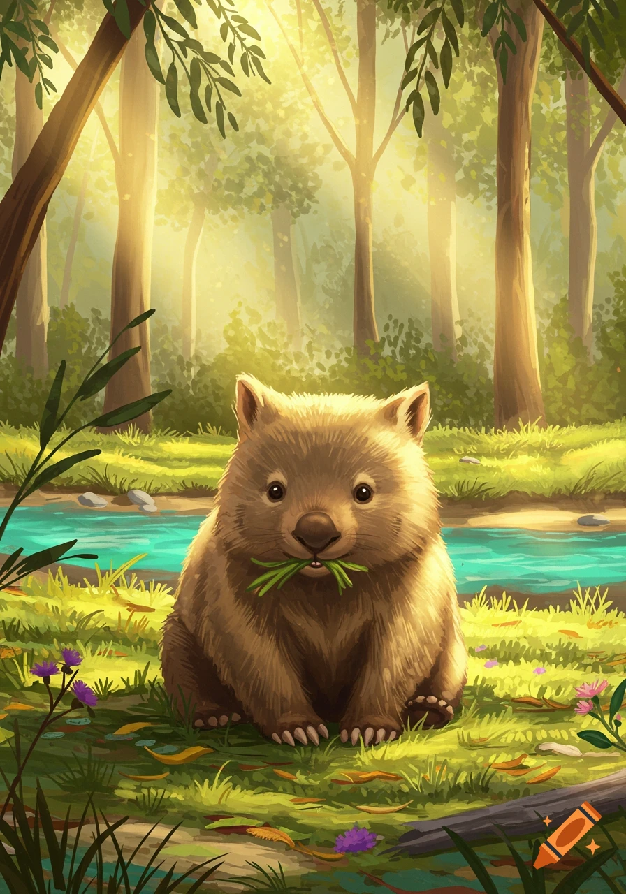 A cute fluffy wombat sits in a sunlit forest clearing, eating green leaves, with a stream behind it. Illustrated style.