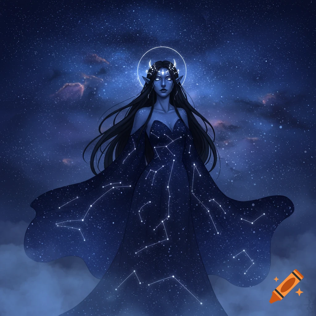 An illustrated celestial goddess with dark skin, glowing eyes, and long black hair, wearing a dark blue dress covered in constellations against a starry night sky.