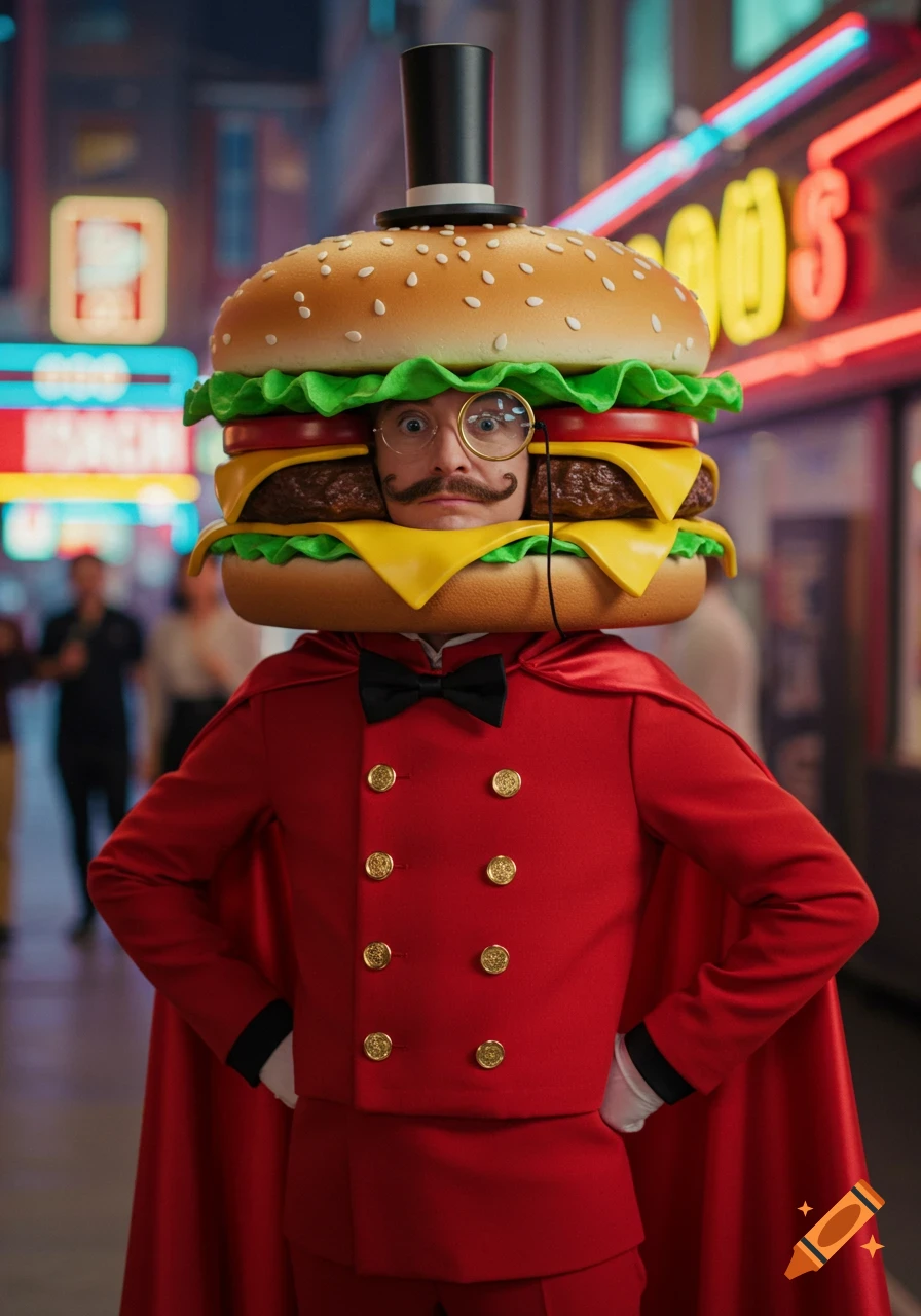 A man with a monocle and handlebar mustache wears a burger costume with a top hat and a red uniform with a cape, standing on a city street.