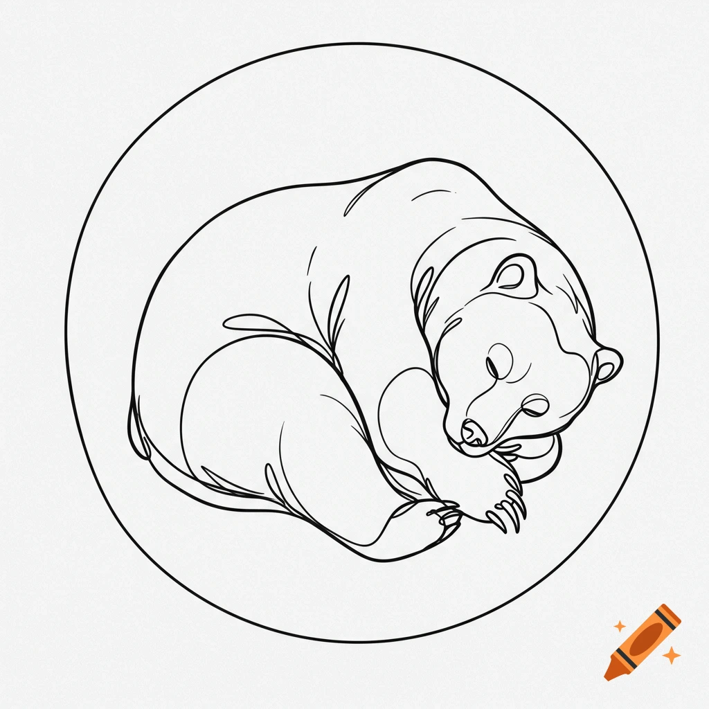 Outline drawing of a sleeping bear curled up inside a circle on a white background.