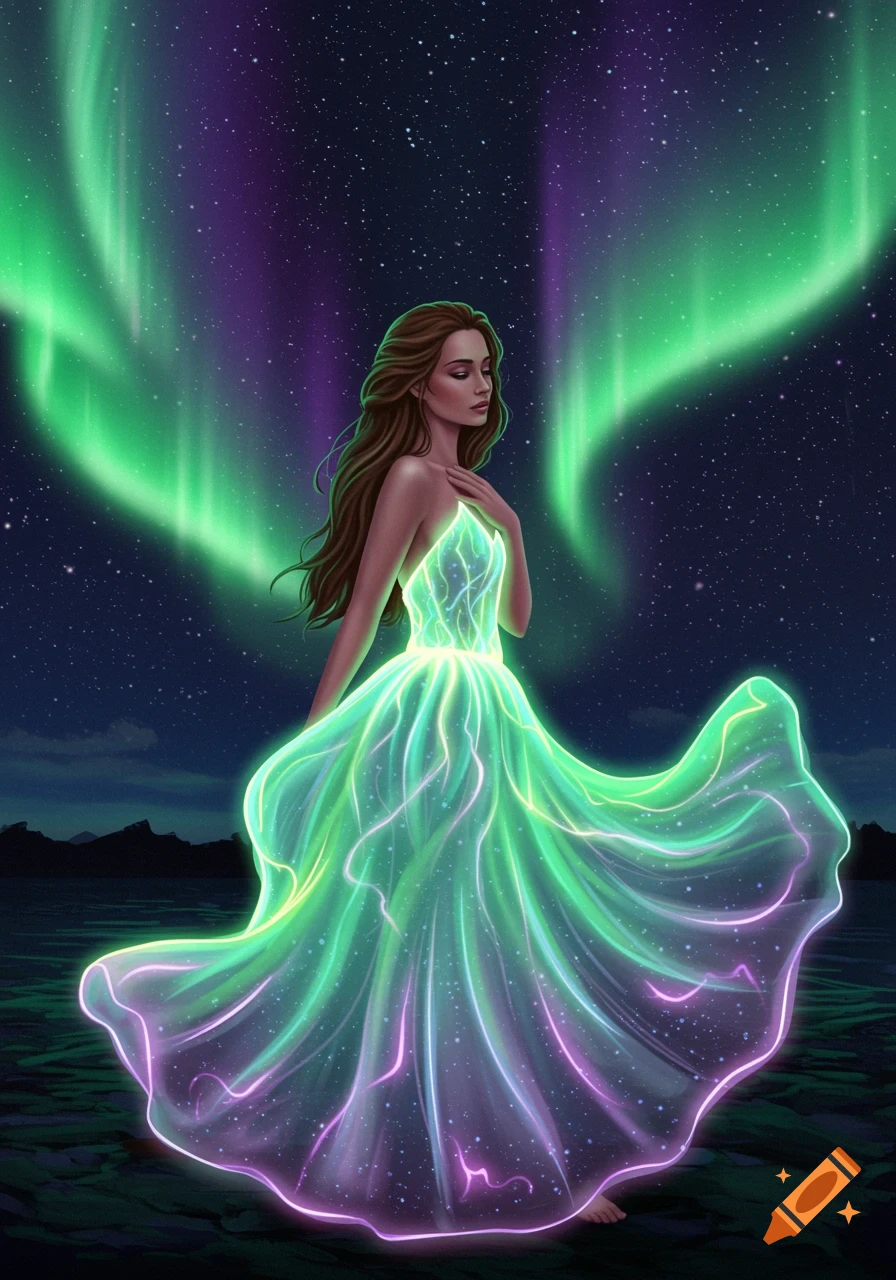 A woman with a glowing, flowing dress made of aurora plasma under a starry night sky with green and purple aurora.